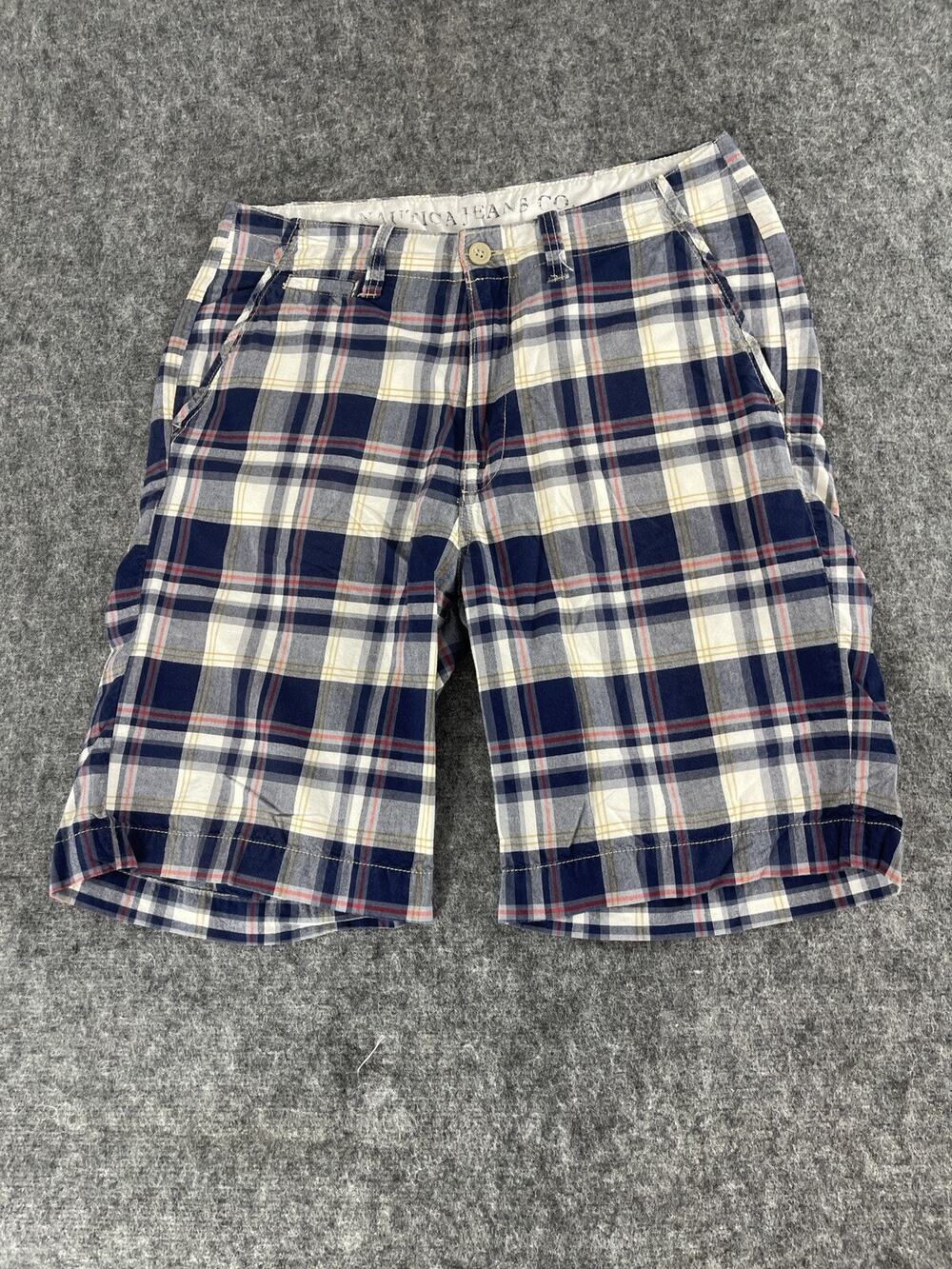 Nautica Men’s Navy, White & Red Plaid Flat Front Shorts